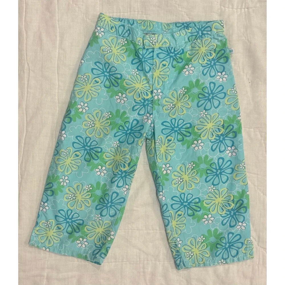 OshKosh Bgosh Kids Teal Floral Daisy Cotton Pants Size 5 Vintage Style Hook Loop